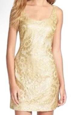 Vintage Lilly Pulitzer Gold Eaton Shift Paisley Lace Overlay Dress Sz 12 Gatsby